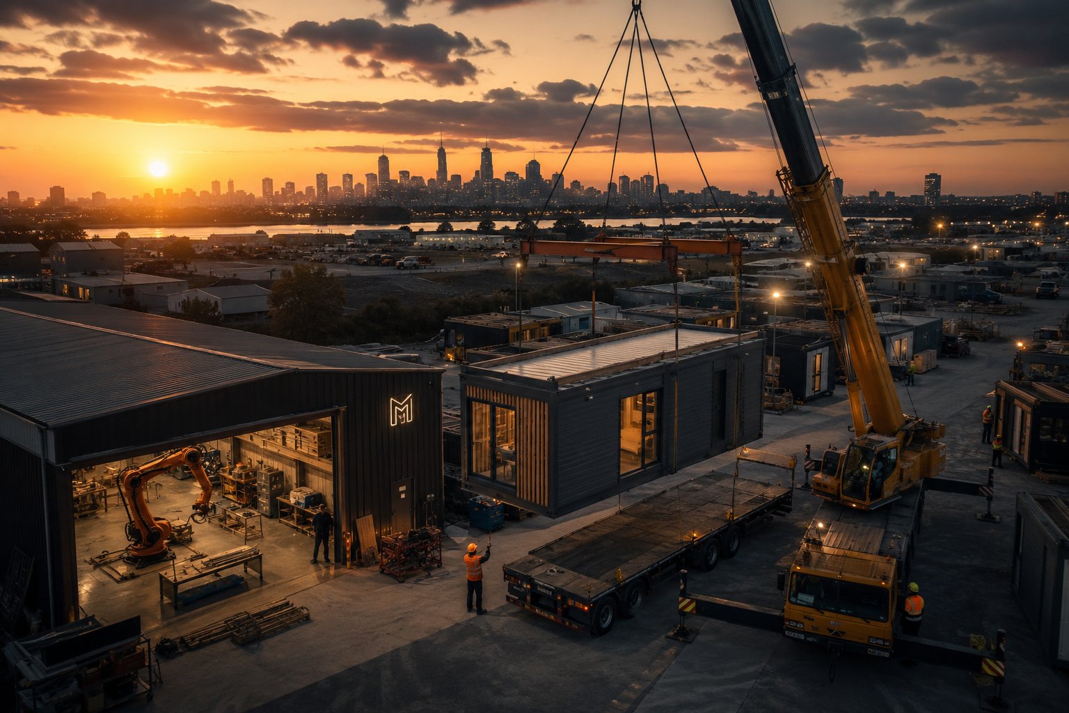 WarriorSol Management workshop and tiny home delivery operation at sunset